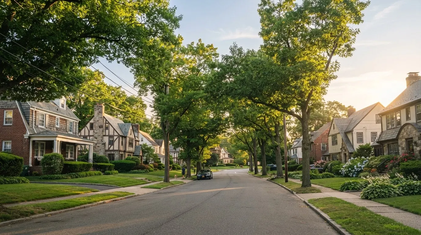 Tudor and colonial homes along a tree-lined street in Colonial Heights, Yonkers