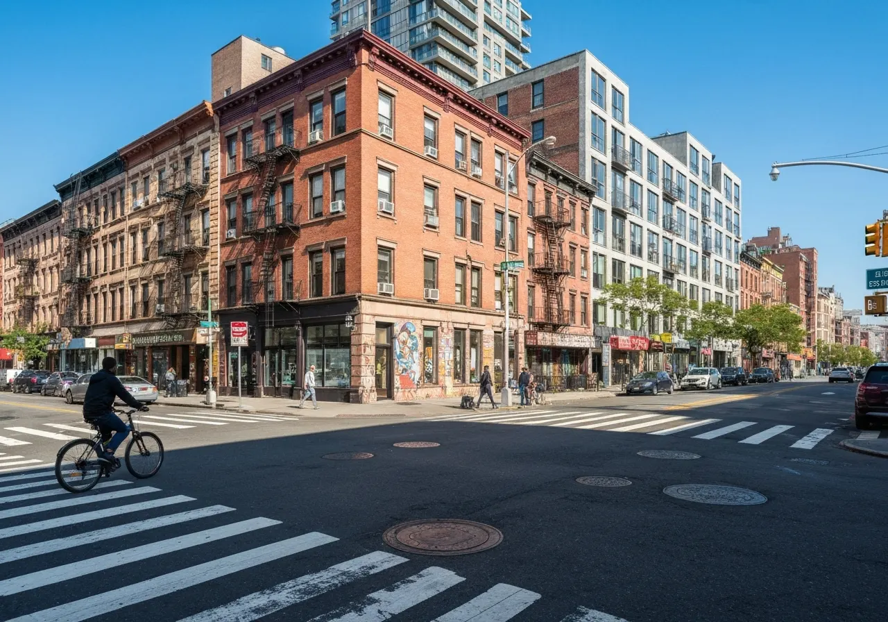 Apartment buildings and storefronts at a corner in East Harlem
