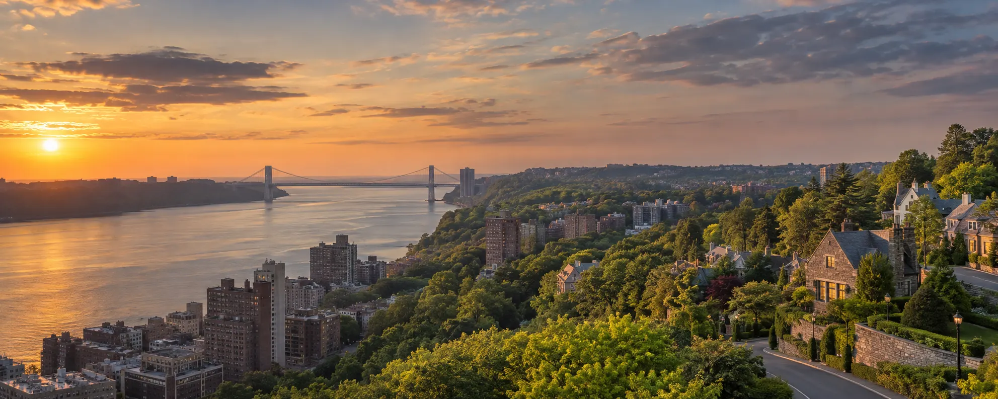 Sunset over the Hudson River and the George Washington Bridge from the Riverdale corridor