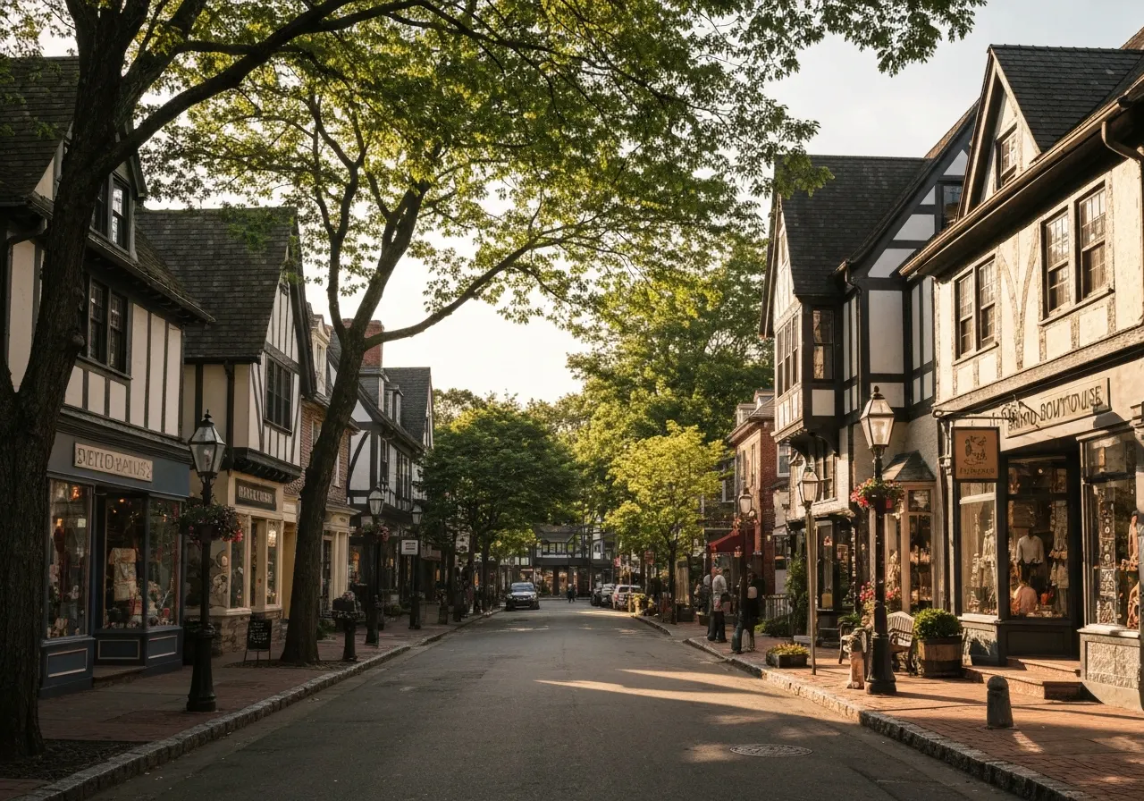 Tudor-style storefronts along a street in the Village of Bronxville