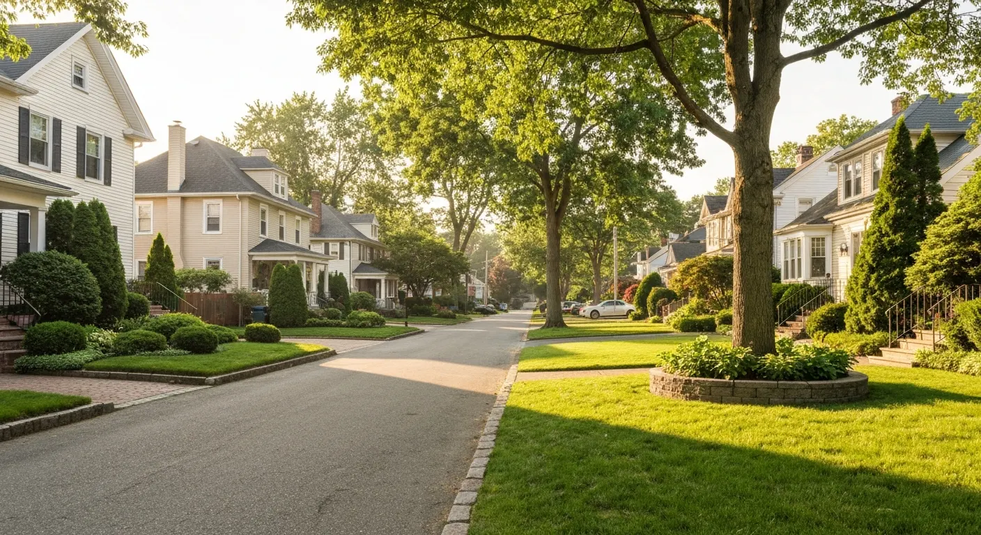Colonial-style homes on a tree-lined street in Colonial Heights, Yonkers