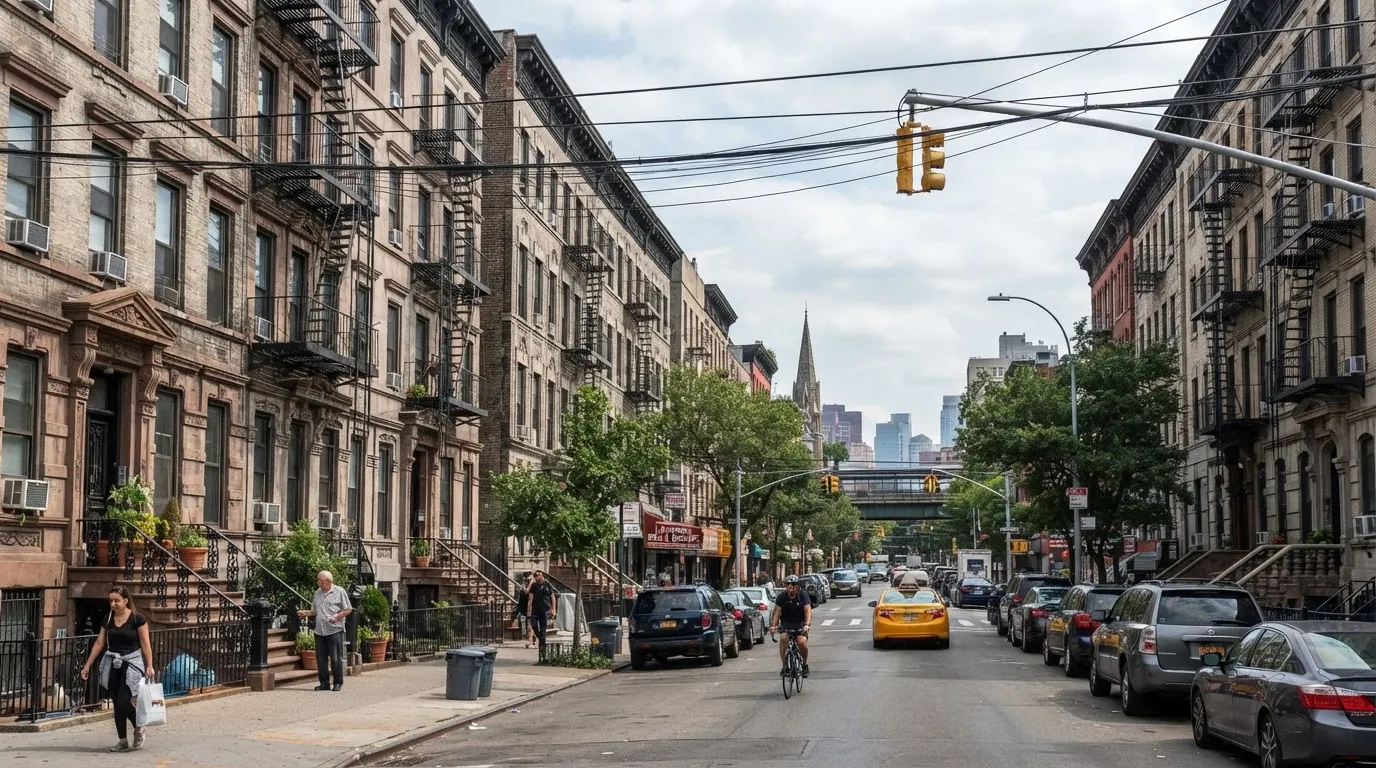 Rowhouses and apartment buildings on an East Harlem street
