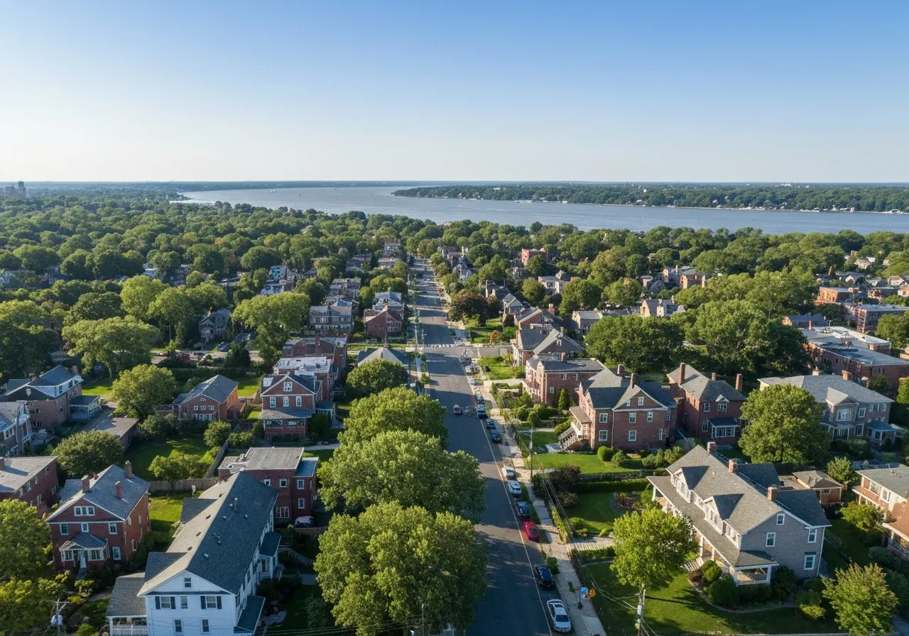 Aerial view of Riverdale homes and the Hudson River