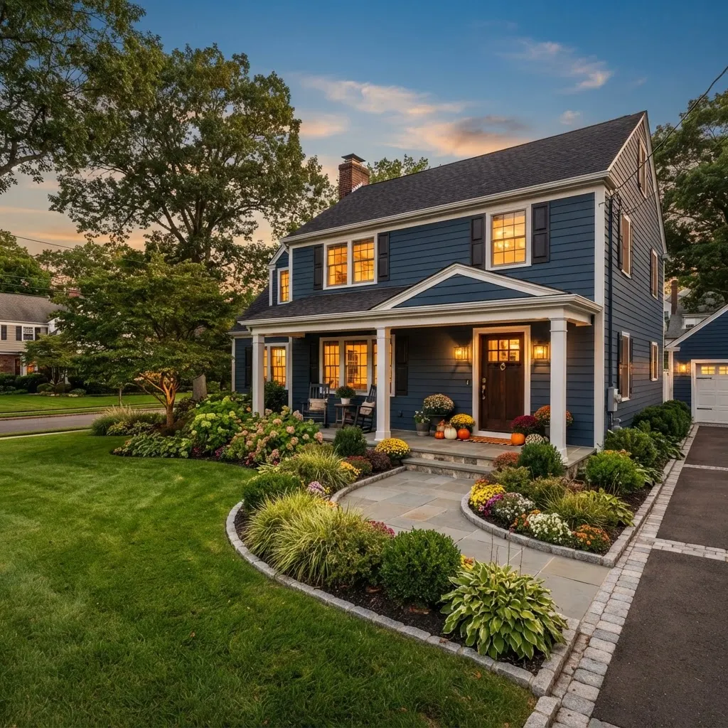 A house with its windows lit at twilight
